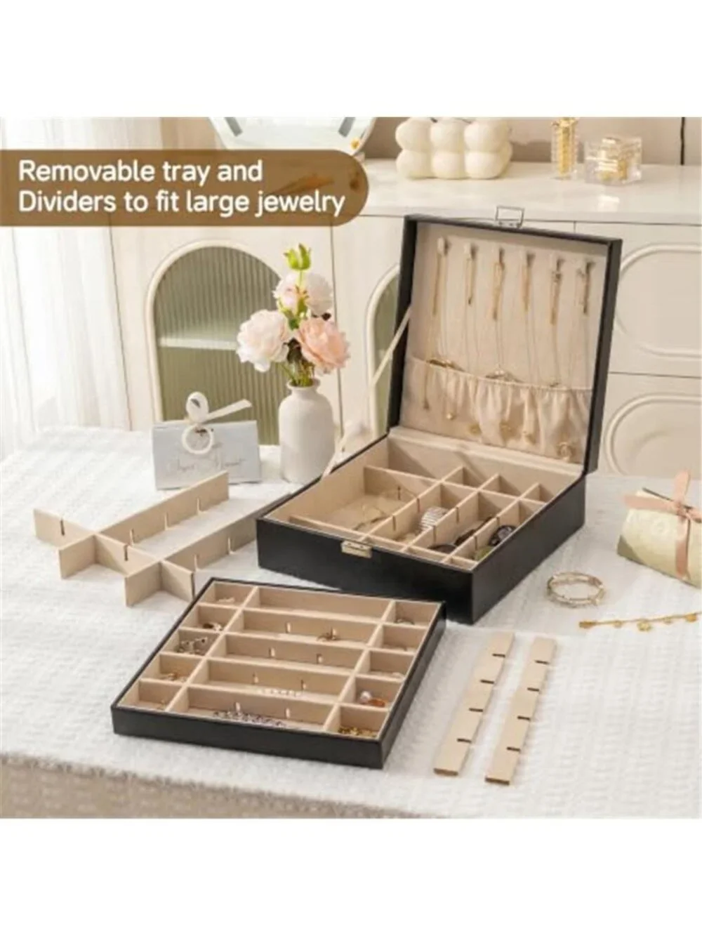 Locking Jewelry Box Organizer Mirror Earring Ring Necklace Storage Case Black
